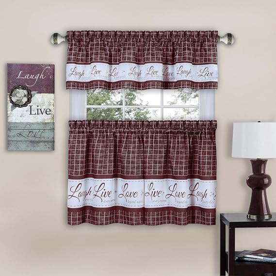 PowerSellerUSA Country Gingham Check Live Laugh Love 3-Piece Cafe Plaid Kitchen Curtain Set, Assorted Colors - 58" (W) x 24" (L), Burgundy