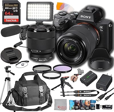 Sony a7 III Mirrorless Digital Camera 24MP w 28-70mmmm Lens, 64GB Extreem Speed Memory,Video Microphone, LED Video Light, Case. Tripod, Filters, Video & Photo Editing Software Kit