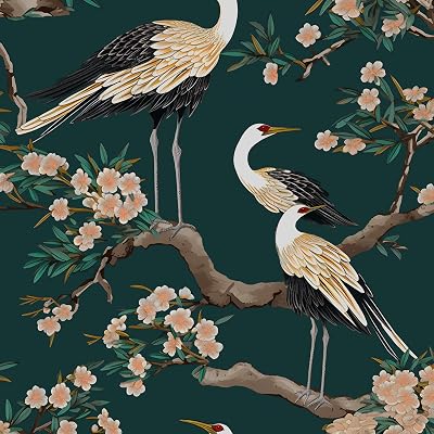 Dark Green Peel and Stick Wallpaper, Crane Bird Floral Contact Paper 17.5 x 393.7in , Boho Vinyl Wall Paper Mural Removable Self-adhesive Waterproof for Bedroom Cabinet Shelf Drawer Renter Friendly