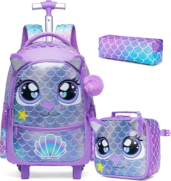 HTgroce 3PCS Rolling Backpack for Girls, Kids Roller Wheels Bookbag, Wheeled School Bag with Lunch Bag