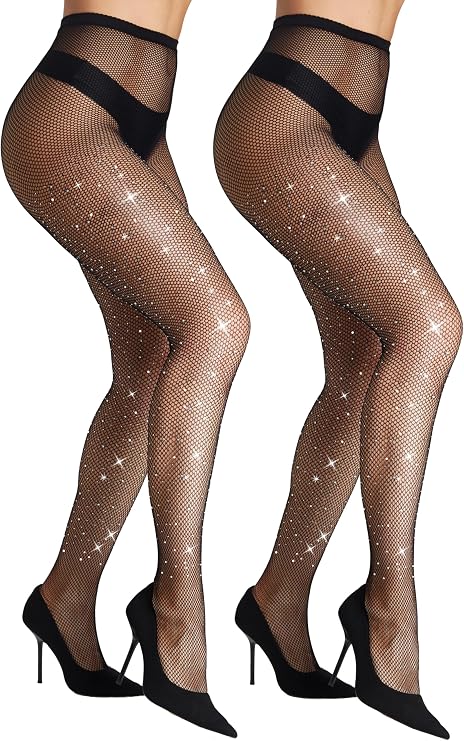 CozyWow Sexy Ultra Sparkly Fishnet Tights for Women, Jeweled High Waist Fishnets, Rhinestone Party Concert Outfit Stockings