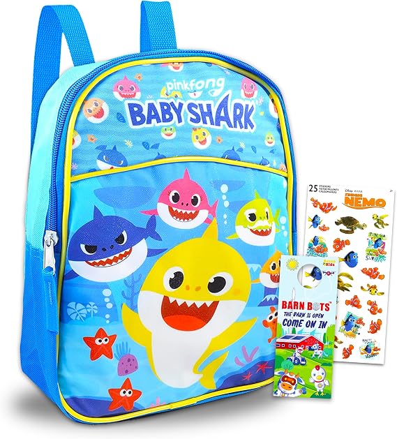 Baby Shark Mini Backpack for Boys Girls Toddler Preschool - Deluxe 11" School Bag with Stickers (Baby Shark School Supplies Bundle) | Baby Shark Small Backpack for Travel Preschool with Stickers, More ~ Fits Girls, Boys, Adults