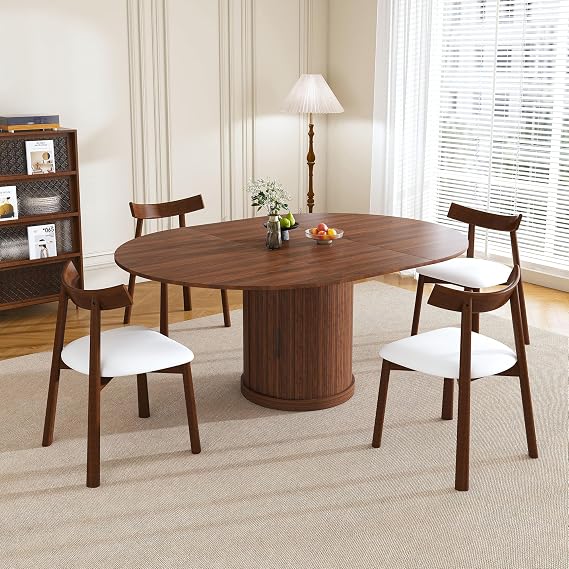 59" Extendable Oval Dining Table Set with 4 Walnut Chairs, 47-59" Rail-Free Expandable Table & 2-Tier Storage, PU Cushioned Solid Wood Chairs, Pedestal Base Kitchen Set for 4-6