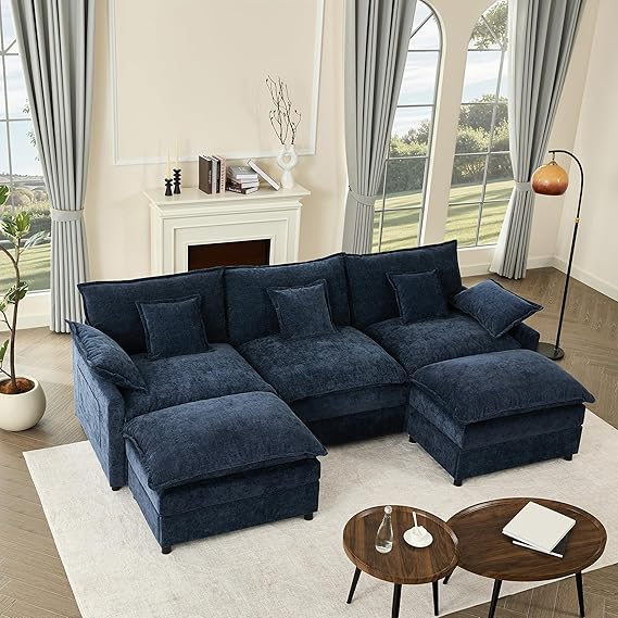 274 cm U-Shaped Sofa, Chenille Deep Seat Sofa Bed, Navy | Cloud Comfort, Deep Seat Design, Soft Chenille Upholstery, Machine-Washable Covers, Movable Ottoman