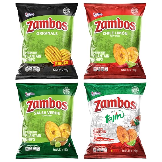 Zambos Chile Limon, Salsa Verde, Original Ridged 5.29 oz, and Original with Tajin Plantain Chips 4.9 oz, Crunchy Snack, Gluten Free (Pack of 4)