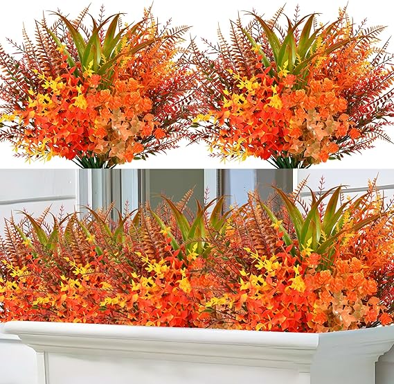 9 Bundles Artificial Fall Plants Fake Flowers for Autumn Decoration Outdoor Faux Plastic UV Resistant Greenery for Garden Window Porch Patio Home (9 Bundles Fall Plants Fake Flowers-A)