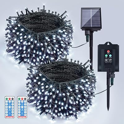 woohaha 2 Pack Solar String Lights,Total 144ft 400 LED Solar White Christmas Lights Outdoor with Remote and Timer, 8 Modes Solar Tree Light Waterproof Solar Fairy Light for Garden,Yard,Patio,Party