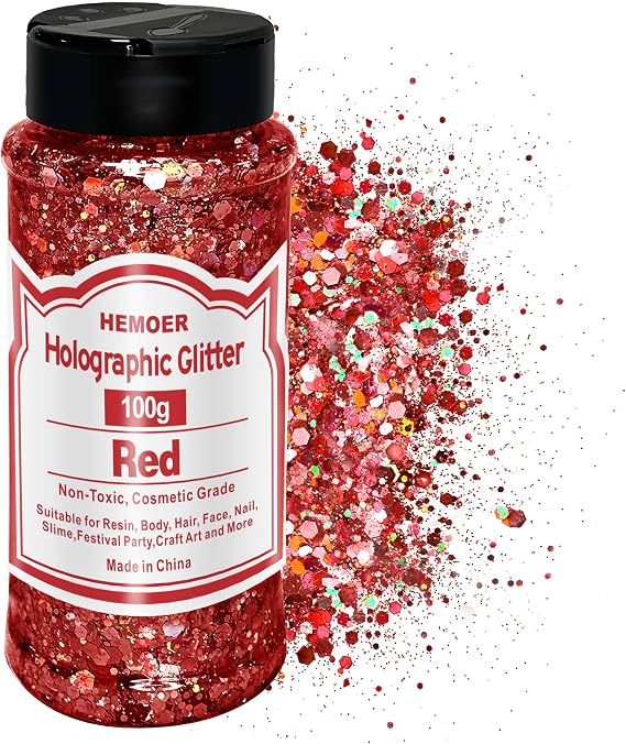 HEMOER Red Glitter, 100g/3.5oz Holographic Chunky Glitter Mixed Hexagon Chunky & Fine Flakes Iridescent Sequins for Epoxy Crafts, Resin, Nail Body, Tumblers, Festival Party