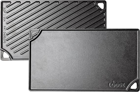 Lodge Reversible Cast Iron Grill/Griddle Pan, 16.75 x 9.5 Inches | Dual-Sided Double Burner Griddle for BBQ, Eggs, Pancakes & Burgers, PFAS-Free, Flat Top Cookware, Made in USA