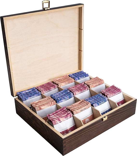 Creative Deco Large Brown Wooden Tea Box 29 x 25 x 7.5 cm 12 Compartments