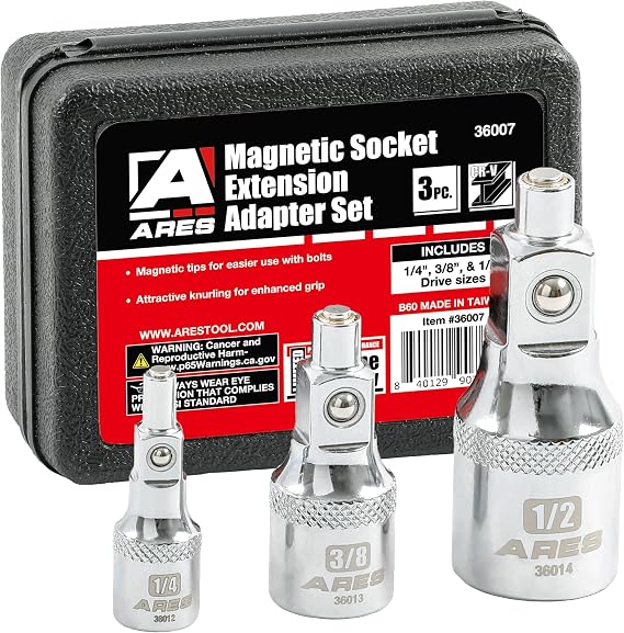 ARES 36007 3-Pc Magnetic Socket Extension Adapter Set - 1/4,3/8,1/2-In | Magnetic Tips for Use with Bolts