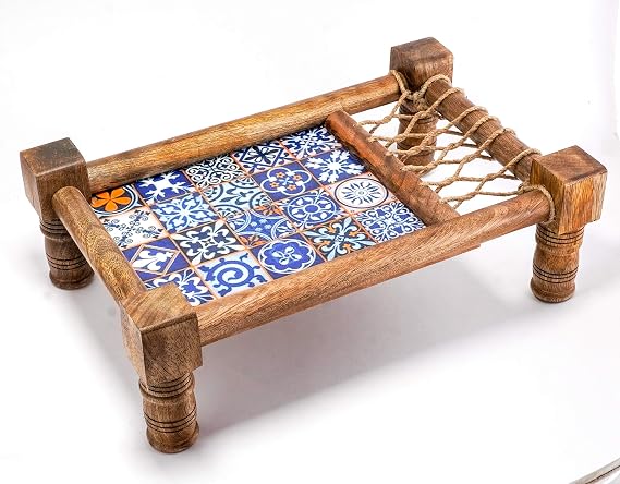 Handmade Decorative Wooden Cot Tray for Snacks & Drinks Traditional Indian Serving Tray with Jute Weaving Durable Hardwood Food Platter 14" x 9" x 5" Perfect for Parties & Home Decor