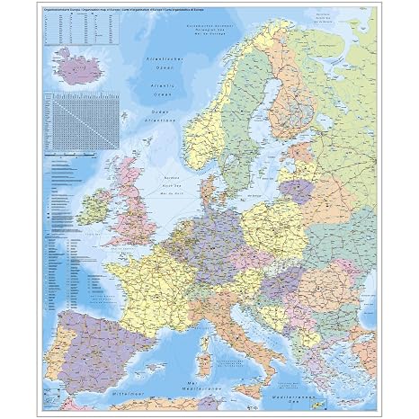 Europa Organisationskarte 1 : 3 600 000. Wandkarte Groformat ohne Metallstabe
