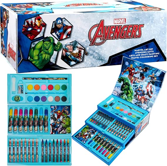 Marvel Art Case for Kids with Colored Pencils Markers Crayons Watercolors Drawing Supplies Travel Art Kit Gifts for Kids (Multicolor Avengers)