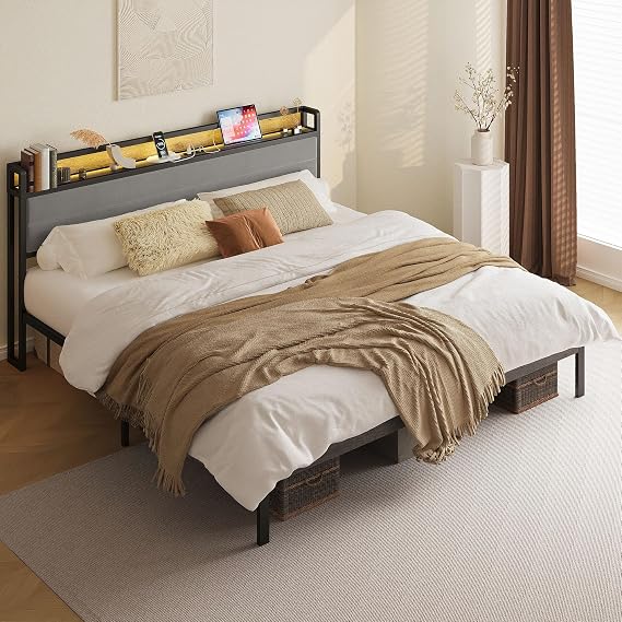 LIKIMIO California King Bed Frame with Headboard, LED and Charging Station