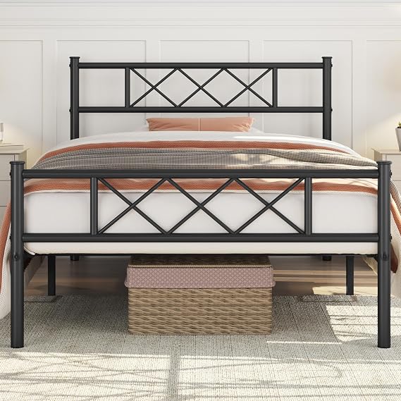 Yaheetech Twin Metal Platform Bed Frame with Simple Headboard, Black