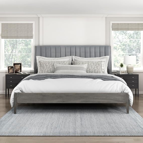 Lexicon King Size Bed Frame with Vertical Channel Tufted Velvet Headboard, Modern Bed Frame, Wood Platform Bed, No Box Spring Needed, Easy Assembly, Grey