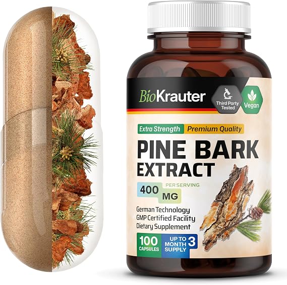 BIO KRAUTER Pine Bark Extract for Circulatory & Antioxidant Support - Vegan French Maritime Pine Bark Herbal Supplements - Natural Antioxidants & Skin Support - 400 mg per Serving, 100 apsules