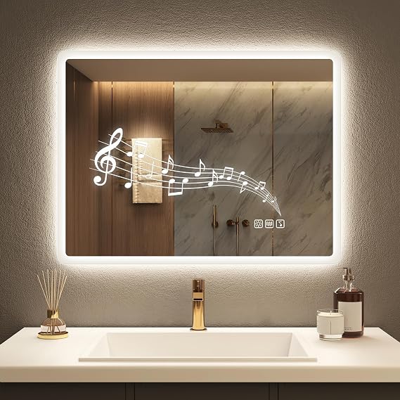 STARLEAD Bathroom Mirror with Dimmable LED Lighting 3 Light Colours Memory Function Defogging Function Bluetooth Tempered Glass IP44 Horizontal/Vertical Hanging 80 x 60 cm [Energy Class E]