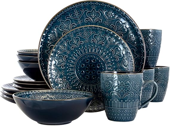 Unknown1 Deep Ocean Mandala 16 Piece Round Stoneware Dinnerware Set Blue Textured Casual Microwave Safe, Medium