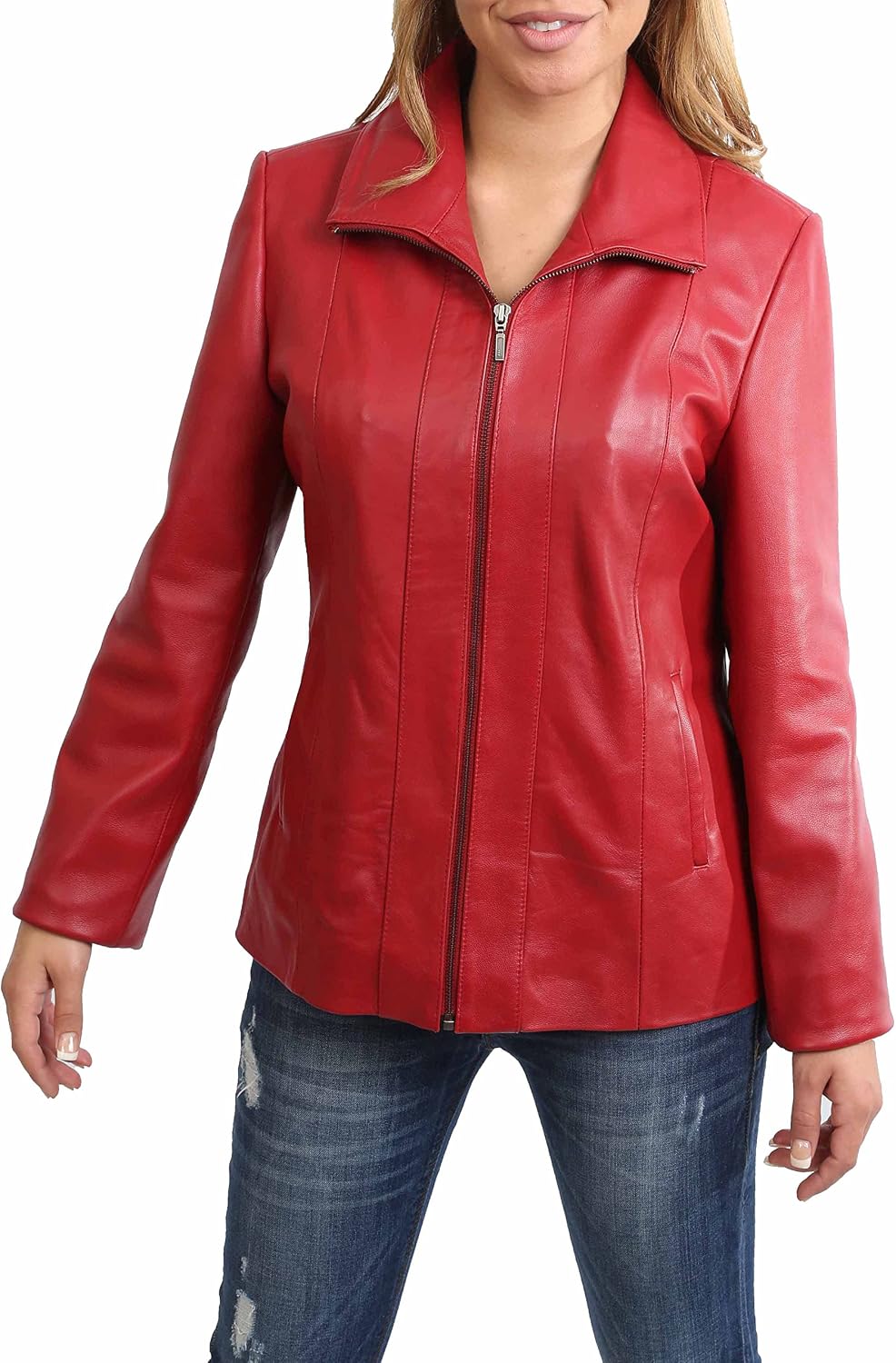 Womens Classic Zip Up Real Leather Semi Fitted Lambskin Jacket Julia Red