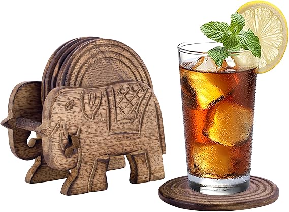 Wooden for Drinks, Eco-Friendly, Absorbent, Antique Look Handcrafted Coasters (Elephant)