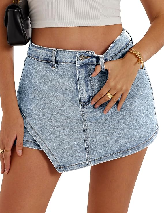 Womens Denim Skort Jean Skirt with Shorts Underneath High Waisted
