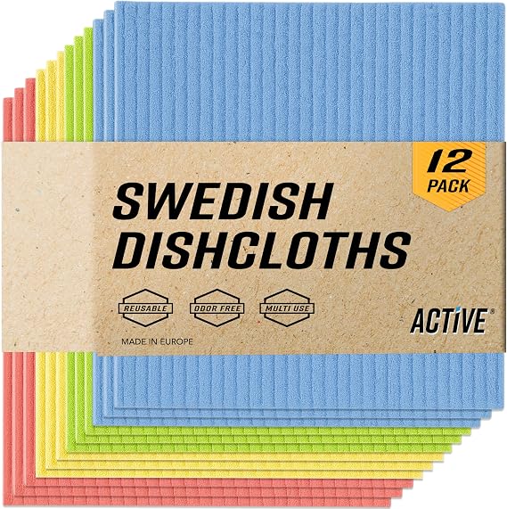ACTIVE Swedish Dish Cloths for Kitchen 12 Pack Cellulose Sponge Cloth, Washable Dishcloths for Washing Dishes, Original European Dish Towels, Absorbent Reusable Paper Towels - Multicolor Assorted