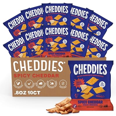 Cheddies Crackers | Healthy Snacks Made with Real Cheddar Cheese and Simple Ingredients | Non-GMO | High Protein | Pre-Portioned Snacks for On The Go | Spicy Cheddar Flavor | 0.8 Ounce Pack of 10