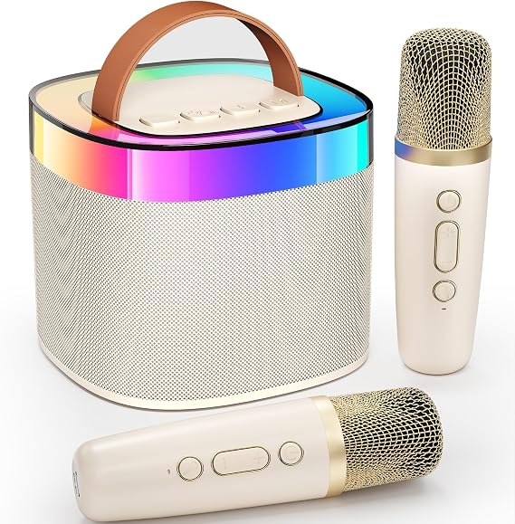 YLL Karaoke Machine for Adults Kids, Portable Bluetooth Karokee Speaker with 2 Wireless Microphones,Singing Karaoke Machine Built-in LED Lights for Birthday Gifts, Family Home Party(Beige)