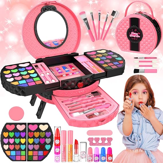 66 Pcs Kids Makeup Sets For Girls with Portable Stand,Make Up Starter Kit
