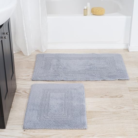 Cotton Bath Mat Set- 2 Piece 100 Percent Cotton Mats- Reversible, Soft, Absorbent and Machine Washable Bathroom Rugs By Lavish Home (Silver)