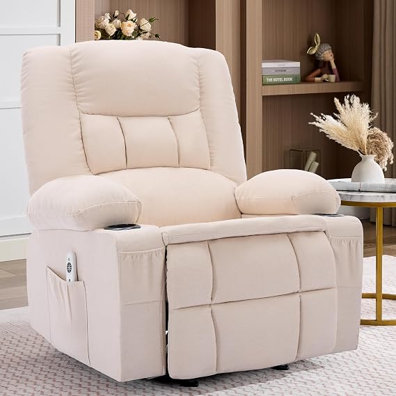 Rocker Recliner Chair with Massage and Heat, Ergonomic Comfy Relining Chair with Cup Holders, USB Charge Port, Side Pockets, Comfortable Arms, Nursery Rocking Chairs for Living Room, Bedroom, Biege