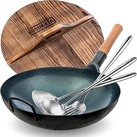 YOSUKATA Blue Round Bottom Wok Pan 14" + Premium Wok Cover 14 inch Pan Lid + Spatula and Ladle and Turner Spatula