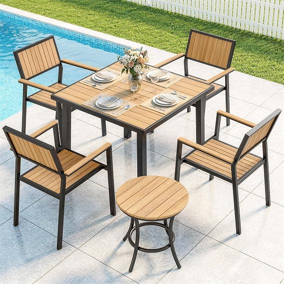 Pamapic 6-Piece Patio Dining Set,Outdoor Aluminum Furniture Set with Plastic-Wood Table Top,Outdoor Furniture Set with 4 Outdoor Stackable Chairs for Patio Garden Poolside (Teak)