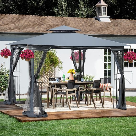 YOPTO 10x10 FT Patio Steel Gazebo,Canopy Tent wiht Ventilated Double Roof and Mosquito Net,(Detachable Mesh Screen On All Sides),Waterproof Garden Pergola for Backyard,Swimming Pool,Gray