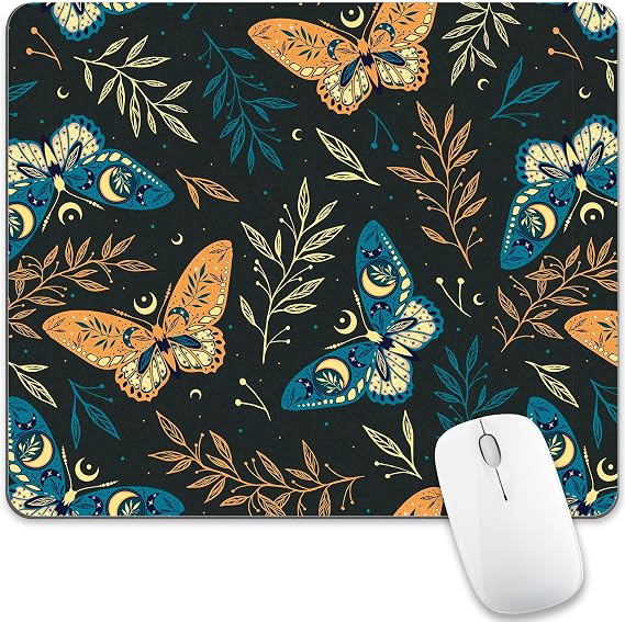 Bohemian Butterfly Mouse Pad Cute, Black Boho Moth Luna Moon Square Computer Mousepads Washable Nature Leaf Floral Mouse Mat Non-Slip Rubber Base for Gaming Office Laptop Wireless Mouse Desk Accessory