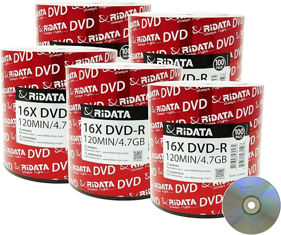 500 Pack Ridata DVD-R 16X 4.7GB 120 Min Silver Logo Top Blank Data Video Media Recordable Disc