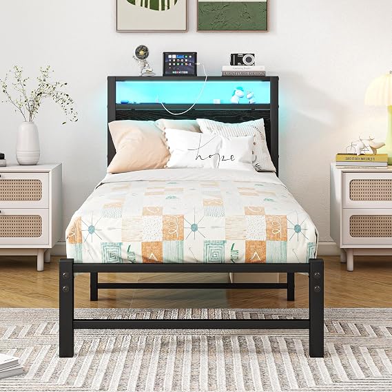 Single Bed Frames with Storage Headboard Shelf, Black