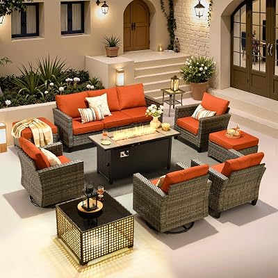 ovios 10 Pieces Patio Furniture Set with Swivel Chairs Rocking Gliders, 54 Fire Pit Table, Outdoor Sofa Couch with Solar Lights Table, Modern Deep Seat Wicker Rattan Conversation Set, Orange Red
