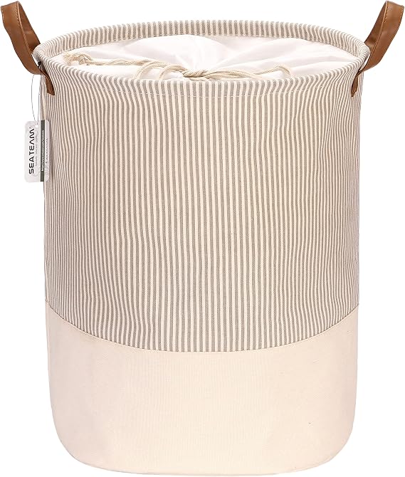 Sea Team Striped Laundry Hamper Canvas Basket with Leather Handles Grey