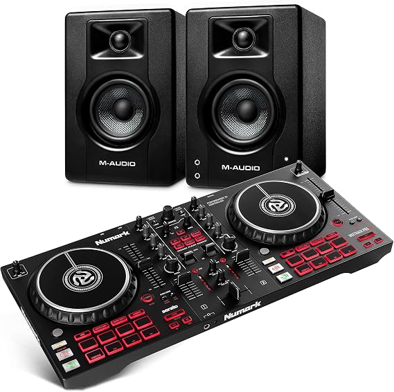 Numark Mixtrack Pro FX – 2 Deck DJ Controller with DJ Mixer, Built-in Audio Interface & M-Audio BX3 3.5" Studio Monitors, HD PC Speakers for Recording and Multimedia