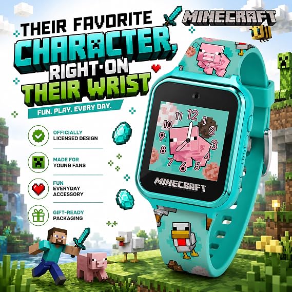 Minecraft Kids Smart Watch with Touchscreen Display, 10 Watch Faces, Games, Camera, Alarm, Timer, Step Counter & Calculator Fun Interactive Learning Watch for Boys & Girls, Fits Wrist Sizes 5.5"-8"
