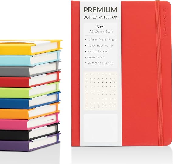evelay Bullet Journal A5 Dotted Notebook with Faux Leather Hardback Cover and Premium 120gsm Thick Dot Grid Paper (128 Cream Pages, Red)