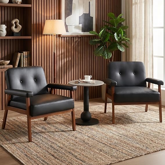 JIASTING Accent Chairs Set of 2, Black Leather Chairs with Solid Wood Frame | JIASTING, Tufted Backrest, Small, Mid-Century Modern, Comfy, Office, Living Room, Bedroom