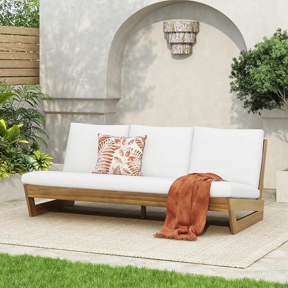 Christopher Knight Home Wicos Modern Acacia Wood Outdoor Sofa with Cushion, Wood Patio Sofa Chair Armless Design, Garden Backyard Outdoor Lounge Sofa Couch with Water-Resistant Cushion, Teak+White