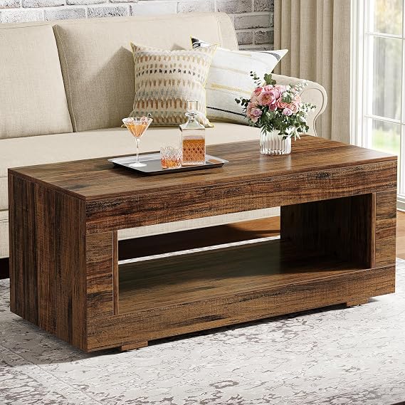 Tribesigns Wood Coffee Table for Living Room, 43.3" Modern Farmhouse Coffee Table with Storage, 2-Tier Rectangular Center Table Cocktail Living Room Table with Sturdy Base, Rustic Brown