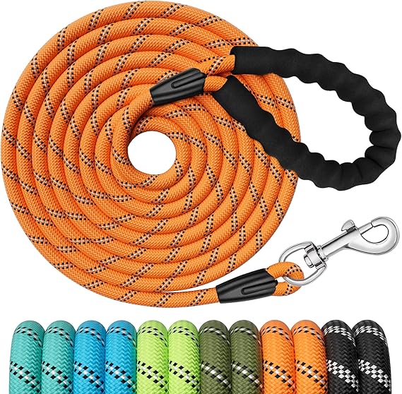 X XBEN Training Leads for Dogs, 30M/98FT Strong Rope Long line Dog Lead Leash with Soft Padded Handle and Heavy Duty Hook, Reflective Recall Training Leads for Large Medium Small Dog, Orange