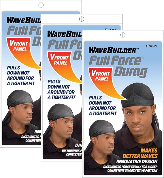 Wavebuilder Full Force V-Front Durag, Black, 3-Pack