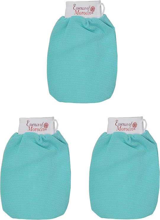 Moroccan Exfoliating Kessa Glove Blue Hammam Scrub Mitt Made in Morocco Premium Quality Reusable Helps Cleanse Skin, Remove Fake Tan and Ingrown Hair (Pack of 3)